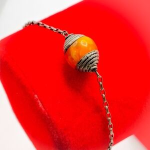 Vintage Tribal Ethnic Moroccan Butterscotch Amber Bakelite Sterling Silver Brace